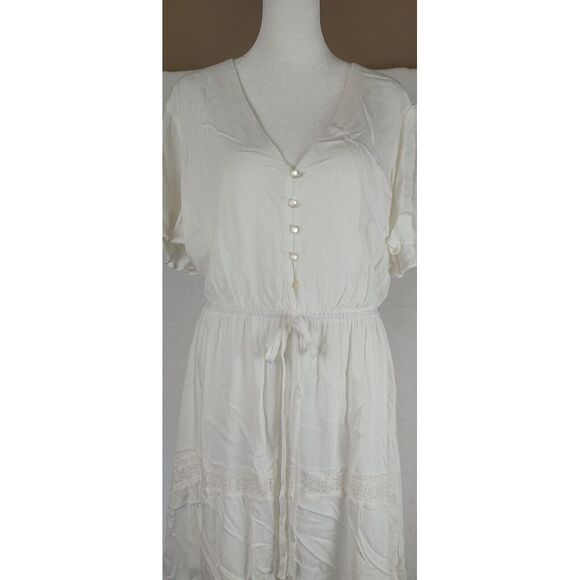 Lace Trim Dress White V Neck Button Front Short Sleeve Dress - Picture 5 of 13